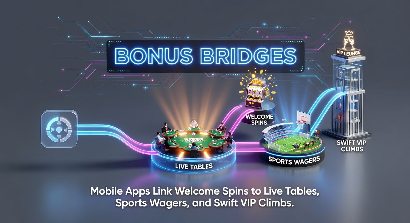 Screenshot of a mobile betting app displaying bonus credits flowing from slot wins to sports wager slips and live table options, with VIP ladder visible in the sidebar