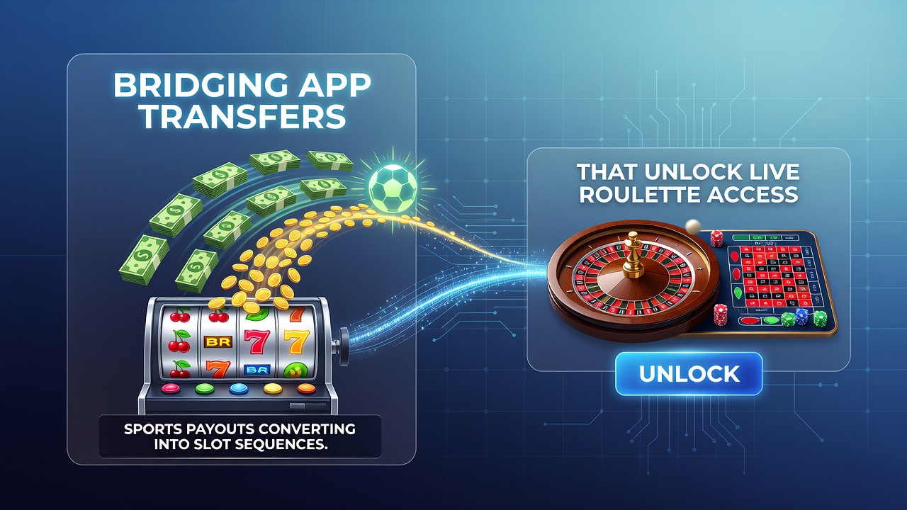 Flow diagram illustrating sports payouts moving through slot sequences to unlock live roulette access and blackjack VIP privileges