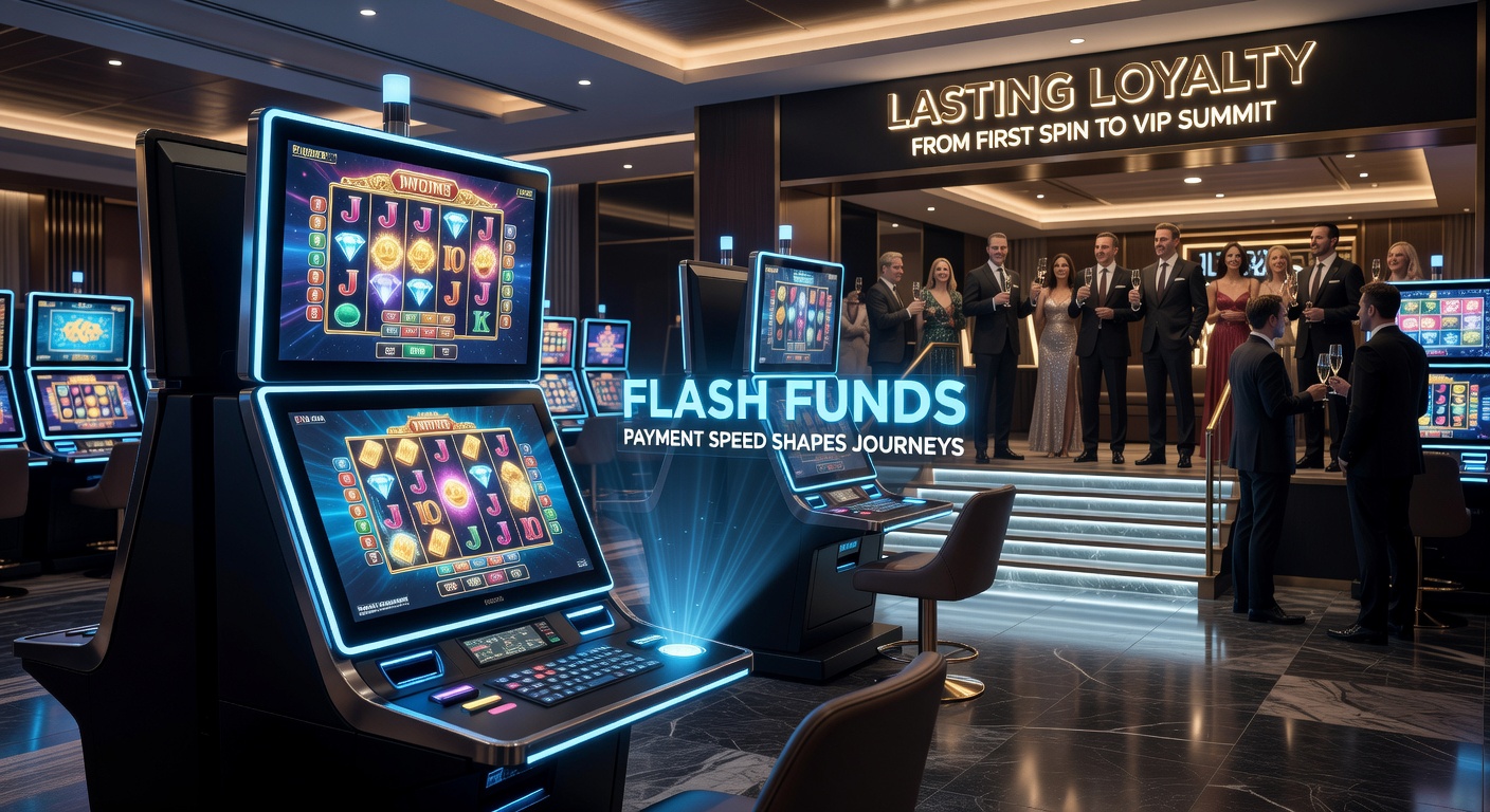 VIP lounge scene with golden chips, fast payout notifications on screens, and loyalty badges symbolizing elevated status