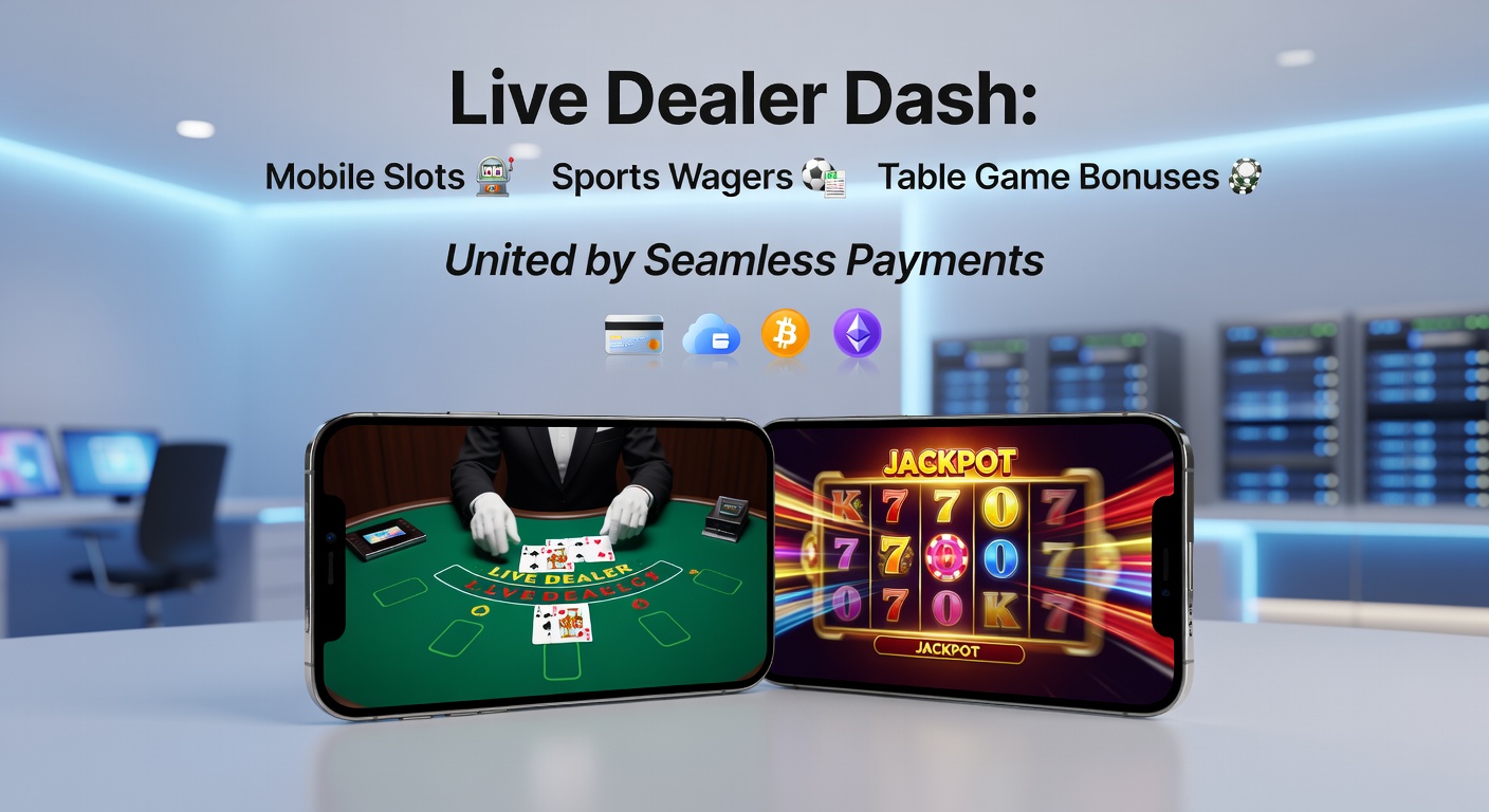 Dynamic dashboard screenshot showing live soccer odds next to spinning slot wheels and a table game bonus popup, all under one payment bar