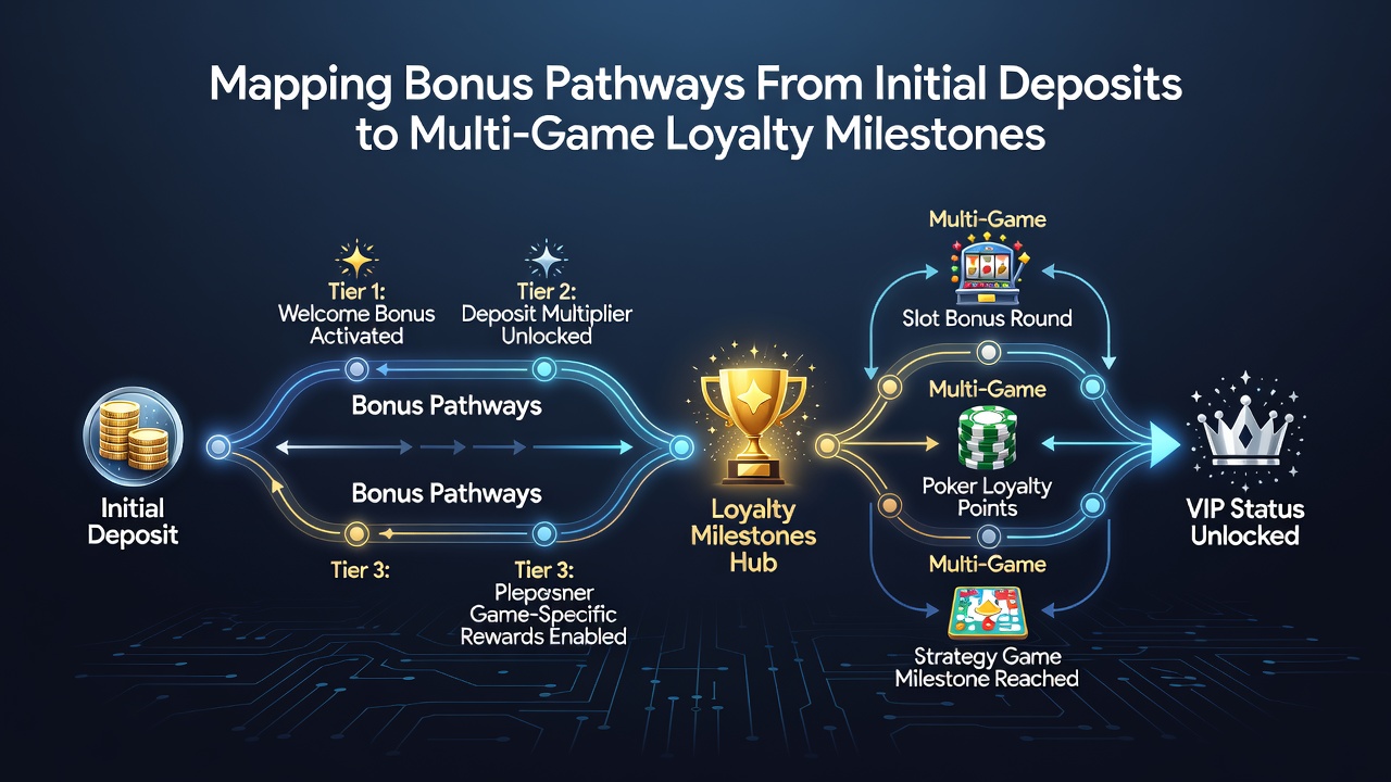 Diagram mapping loyalty milestones from deposits through slots, table games, and sports betting