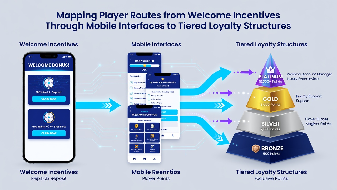 Infographic of tiered loyalty progression across slots, table games, and sports wagers on mobile