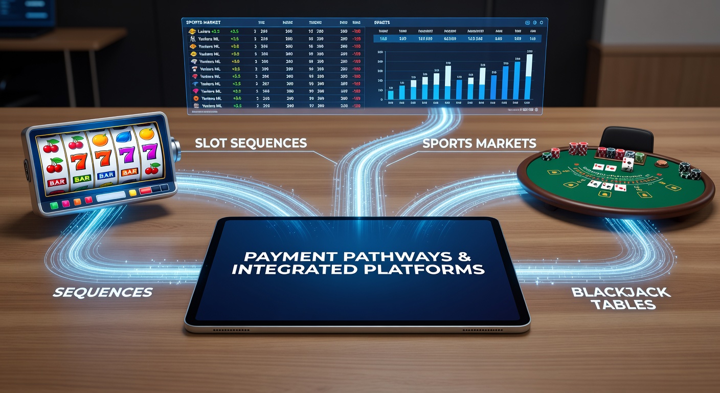 Portable device screen showing real-time fund transfers between slot results, blackjack play, and sports betting markets