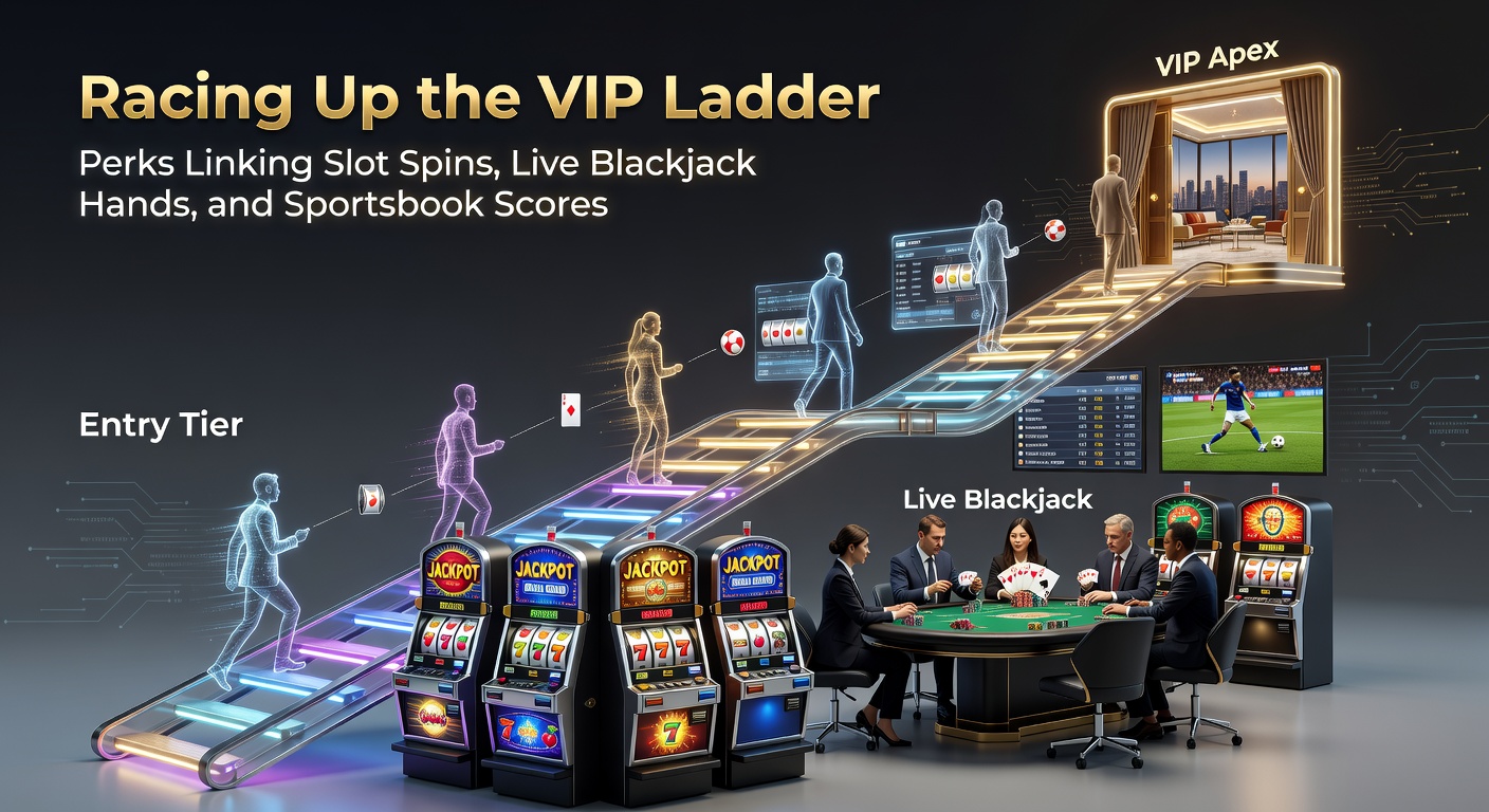 Dynamic infographic showing VIP tier progression with icons for slot reels, blackjack cards, and sportsbook odds boards connected by reward arrows