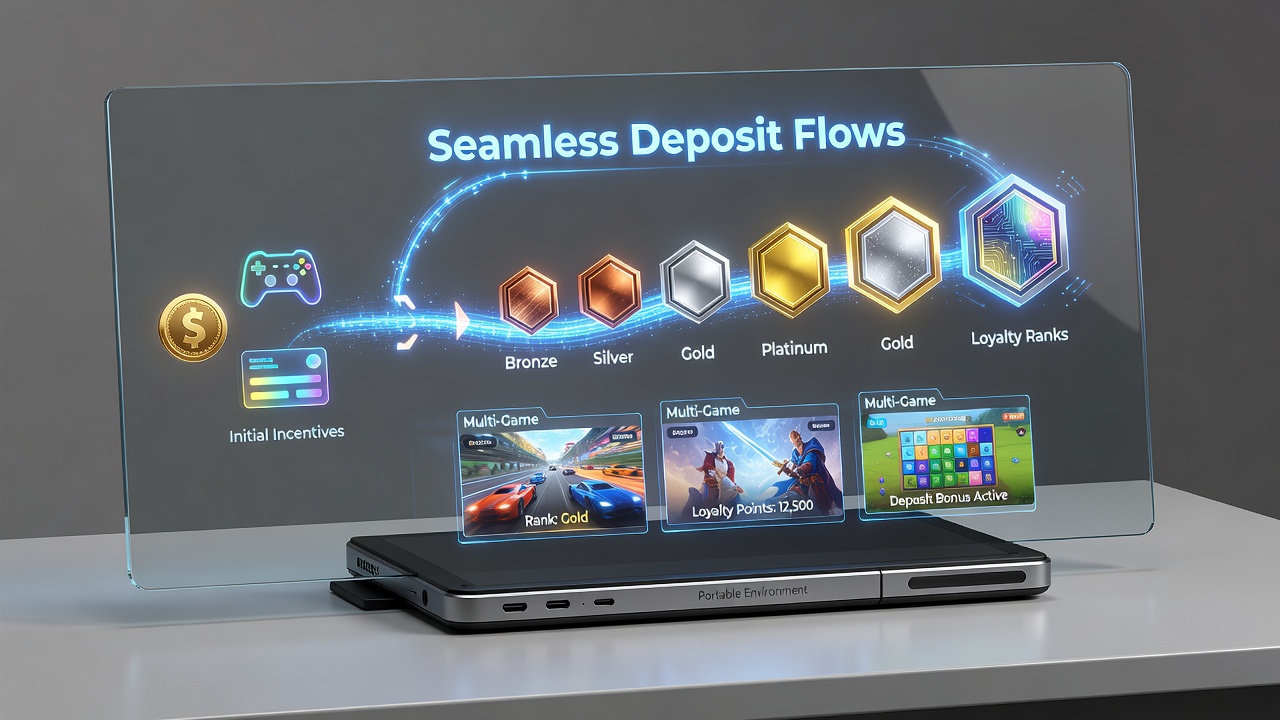 Illustration of loyalty tier dashboard on a portable gaming device with multi-game reward indicators
