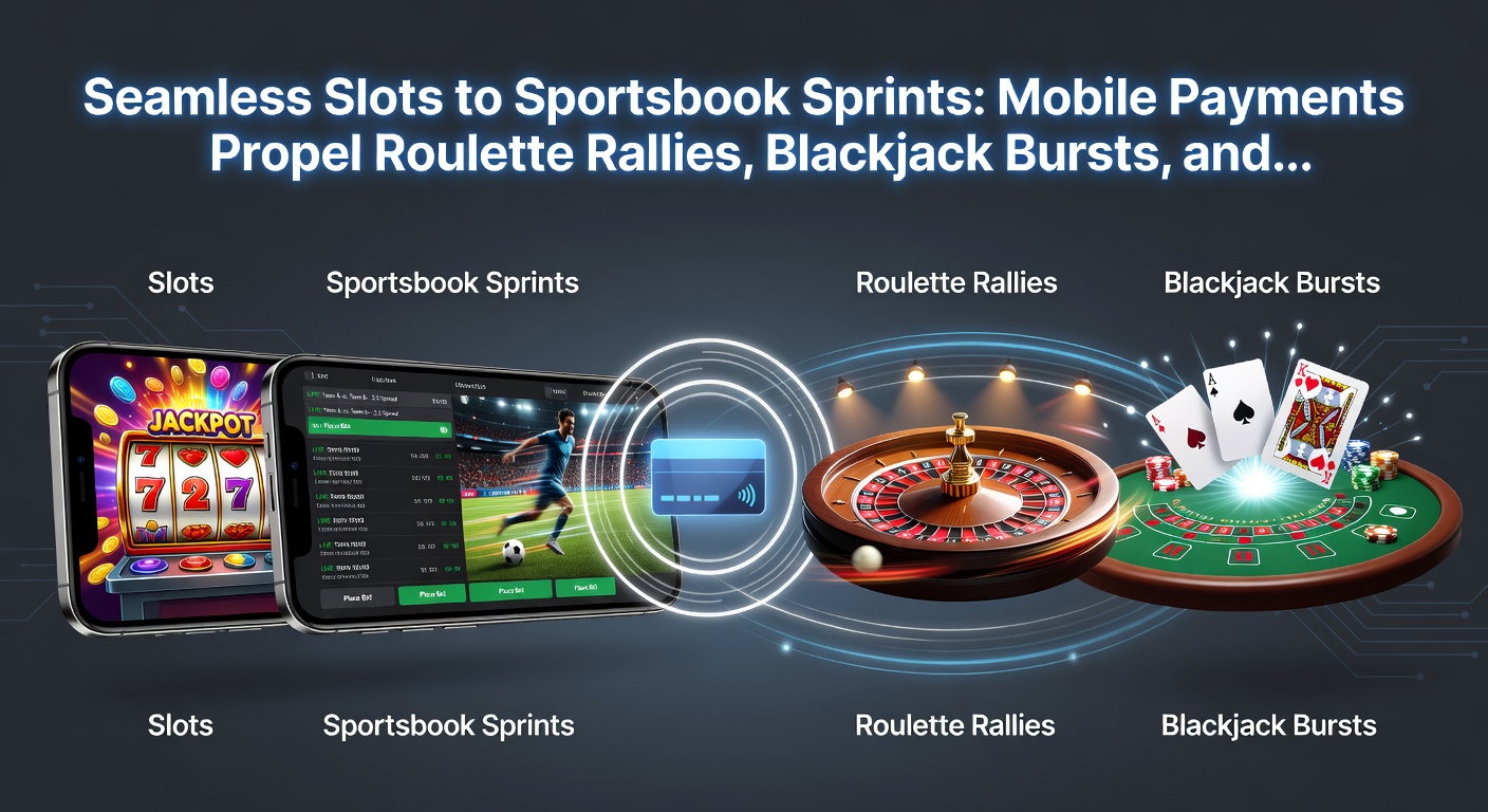Dynamic infographic illustrating mobile payment flows connecting slot icons to roulette, blackjack, poker, and sportsbook elements, leading to a glowing VIP vault door