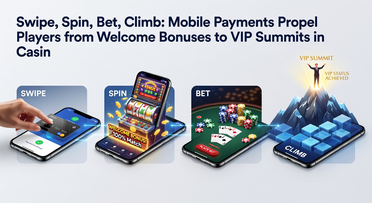 Graph illustrating player progression from welcome bonus activation to VIP tier unlocks, with mobile payment icons overlayed on a climbing arrow